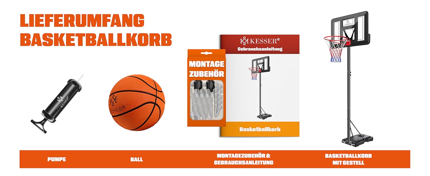 Курка баскетбольна KESSER® Outdoor зі стійкою та колесами. В комплекті 2 сітки, м'яч та насос. Регульована висота 230-305 см. Чорний колір. Підходить для дорослих та дітей.