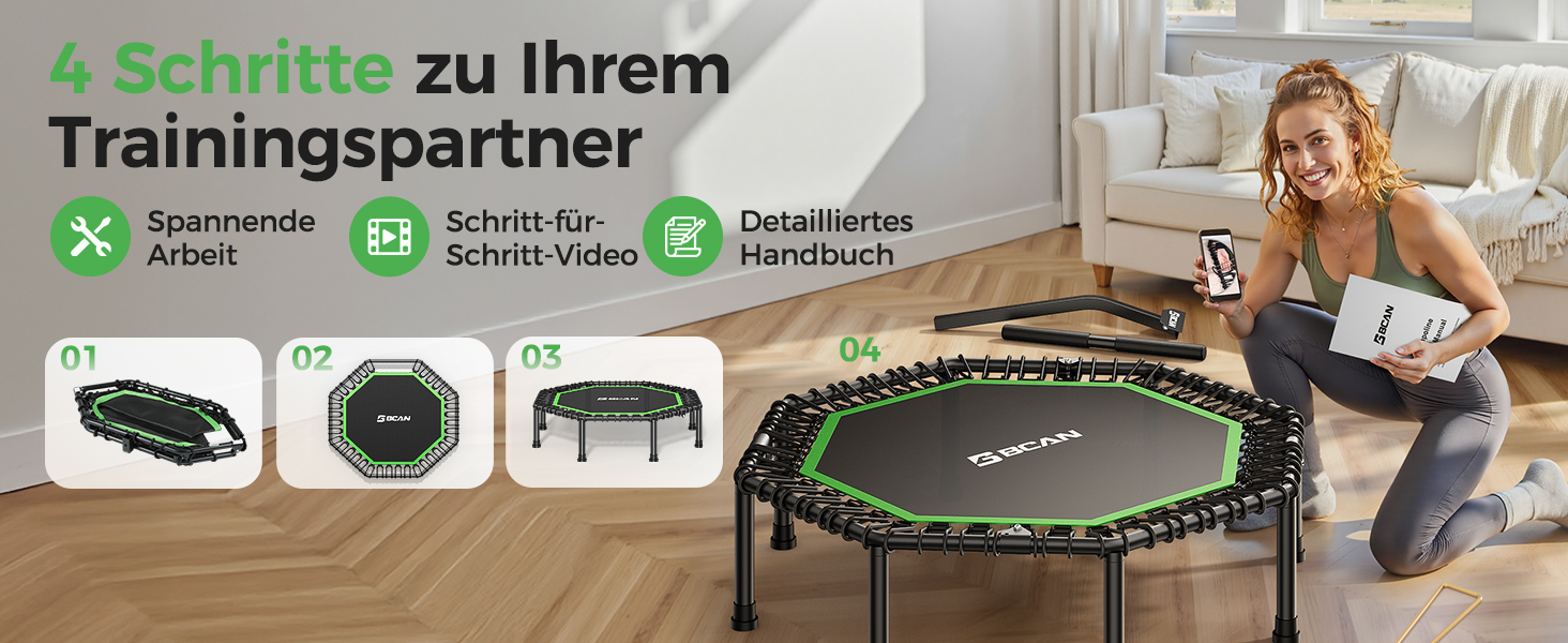 Трамплін для фітнесу BCAN, діаметр 102/122/130 см, з пружинами/ bungee-шнурами, для дорослих до 250 кг, з регульованими ручками, тихий та з низькою вібрацією, зелений/чорний