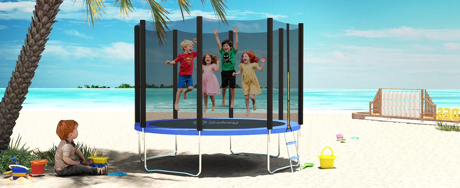 Трамплін Sekey Outdoor 244/305/366 см - сертифікований TÜV Rheinland GS, дитячий, для саду з безпечною драбиною, посиленим захисним сіткою та захисним бордюром (Блакитний, 366 см/12 футів)