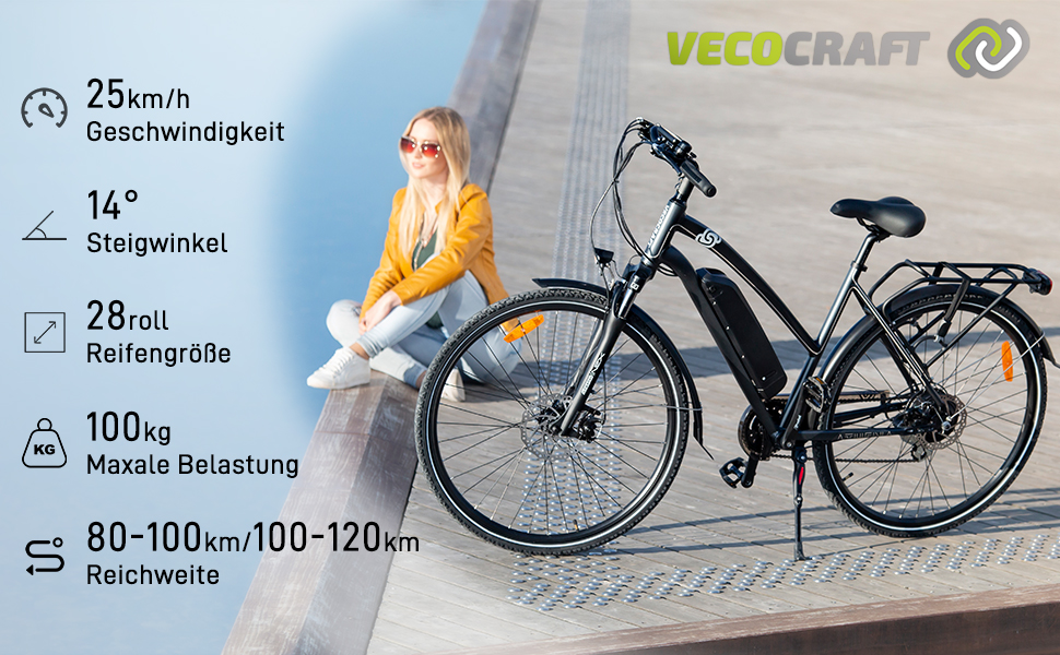 Велосипед VecoCraft Athena E-Bike 28', 36В, 250Вт, Shimano 8-шв., чорний