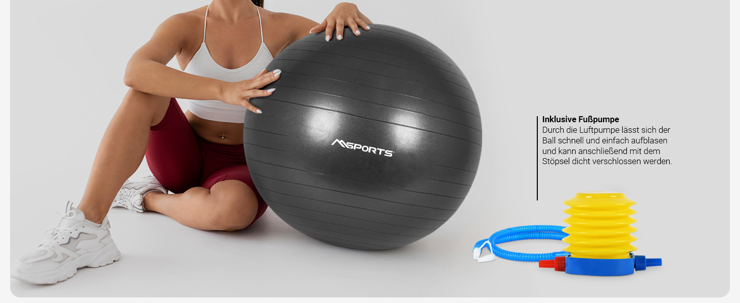 М'яч для фітнесу MSports Gymnastikball Premium: фітбол для пілатесу, фітнесу та сидіння. Антивибуховий, з насосом, додатком та інструкціями. Діаметр 55-105 см.