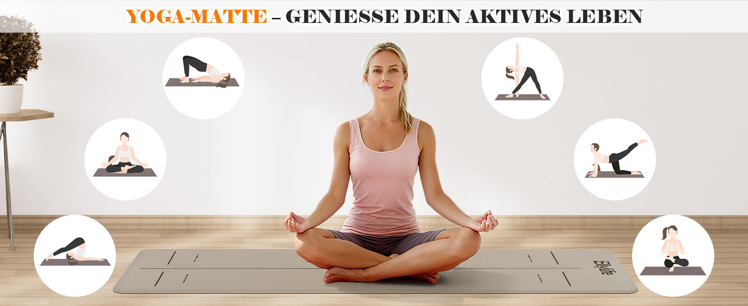 Килимок для йоги та пілатеса з еко-каучуку та TPE, протиковзкий з лініями розмітки, бежевий, 4мм, з ременем для перенесення