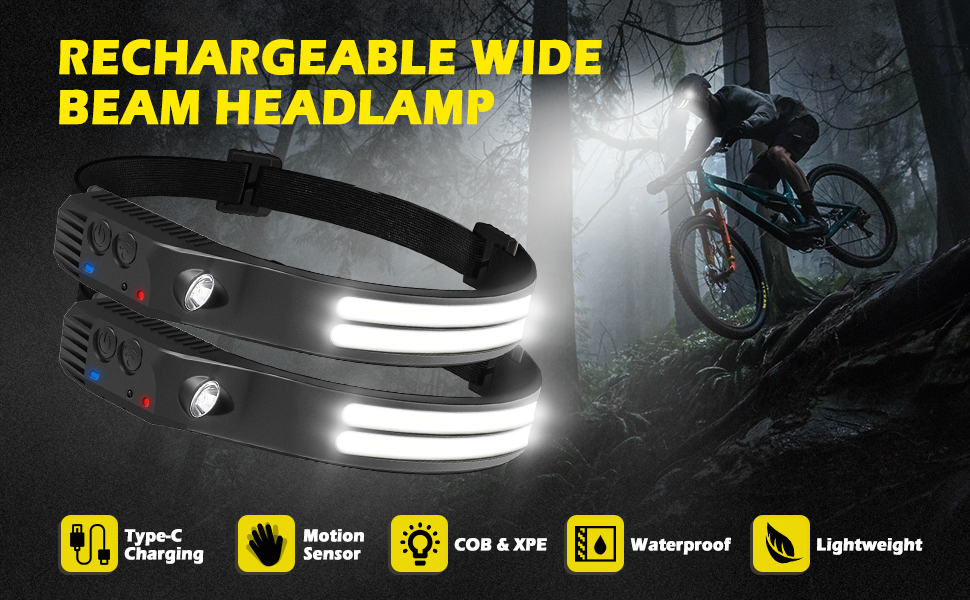 LED налобний ліхтар, 2 шт. з широким кутом огляду 230°, 6 режимів, датчик світла, водонепроникний, ідеально для бігу, риболовлі та інших активностей