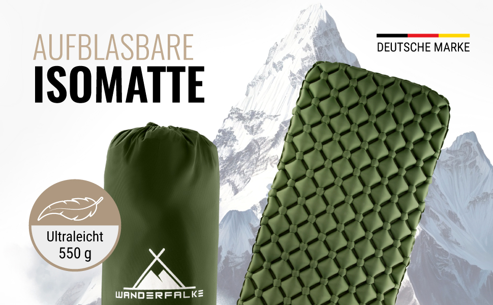 WANDERFALKE® Килимок туристичний надувний 550г - XL (66см) - для кемпінгу, трекінгу, байкпакінгу, Outdoor, блакитний