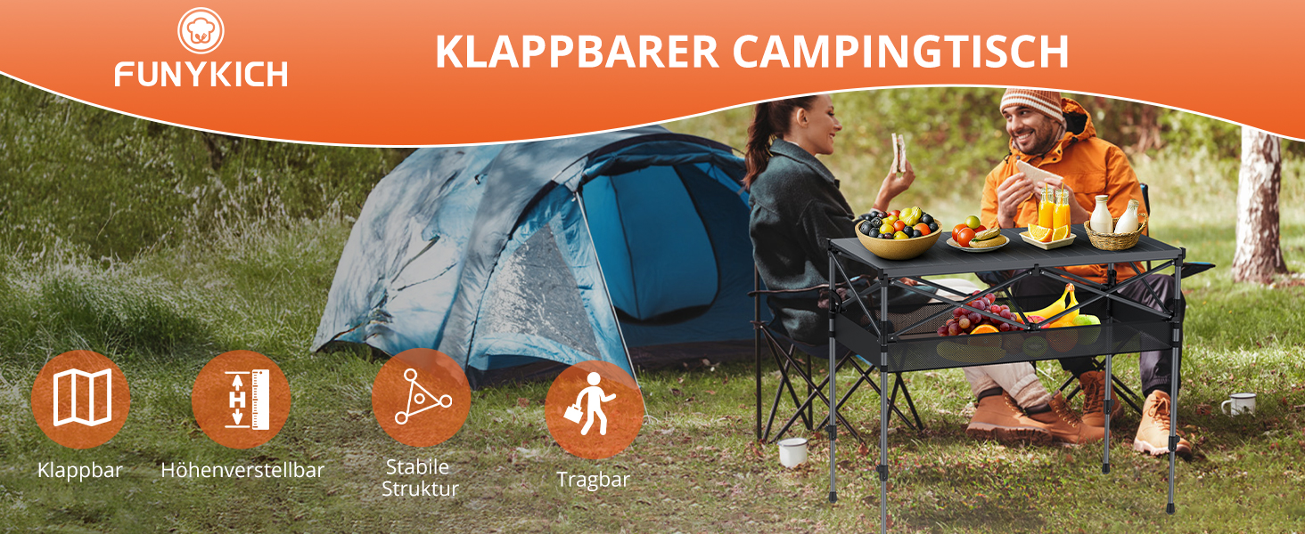Складаний туристичний стіл FUNYKICH 82x40 см з регулюванням висоти (44/70 см), з сітчастою кишенькою, для пікніка, кемпінгу, BBQ, саду, партії. Розміри: 100x50x(70/87) см