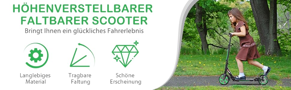 COSTWAY Розкладний самокат для дітей та дорослих, зелений, з дзвіночком та підставкою, до 100 кг