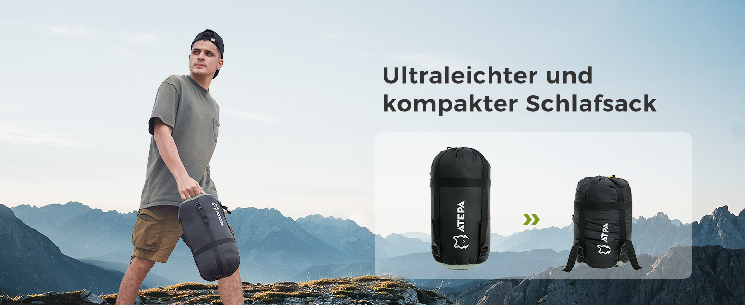 Спальний мішок ATEPA Ultraleicht Daunenschlafsack: Легкий, 3-сезонний (12°C/6°C/-1°C), Водовідштовхуючий, для кемпінгу, трекінгу та подорожей, з компресійним мішком