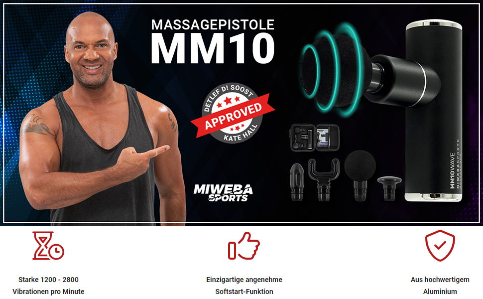 Спортивний масажний пістолет Miweba MM100 Wave Massager - Масажний пістолет - Пістолет для масажу м'язів - РК-сенсорний дисплей - плавний пуск - 6 насадок - 10 рівнів вібрації - Fitgun (MM100 чорний/золотий) (mm10 Black)