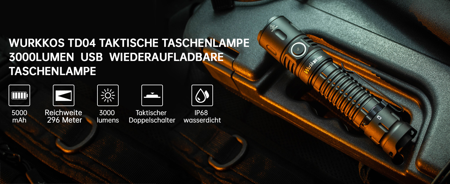 Тактичний ліхтарик Wurkkos TD04 3000 Люмен: LED, перезарядна, 8 режимів, IP68, водонепроникний, для активностей на відкритому повітрі та в приміщенні