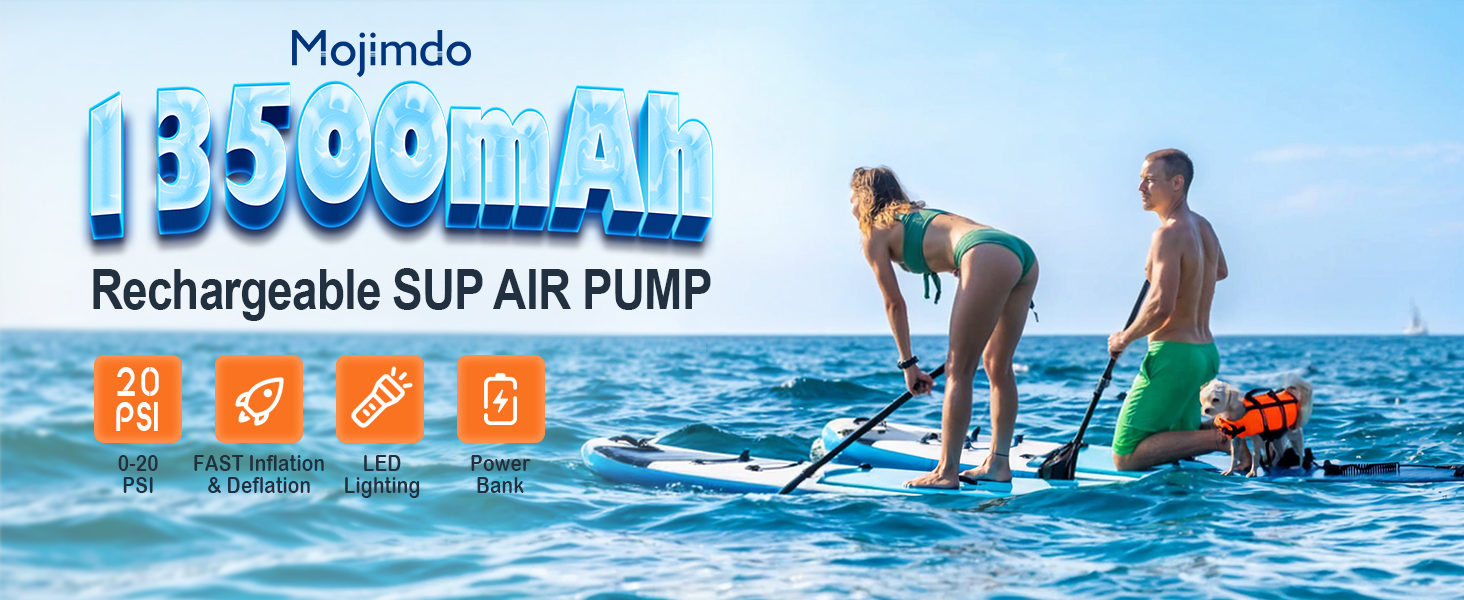 Електричний насос для SUP Mojimdo 20PSI з акумулятором, світлом та автовимкненням, 12V DC та USB-C, 6 насадок для SUP, каяків, наметів, матраців