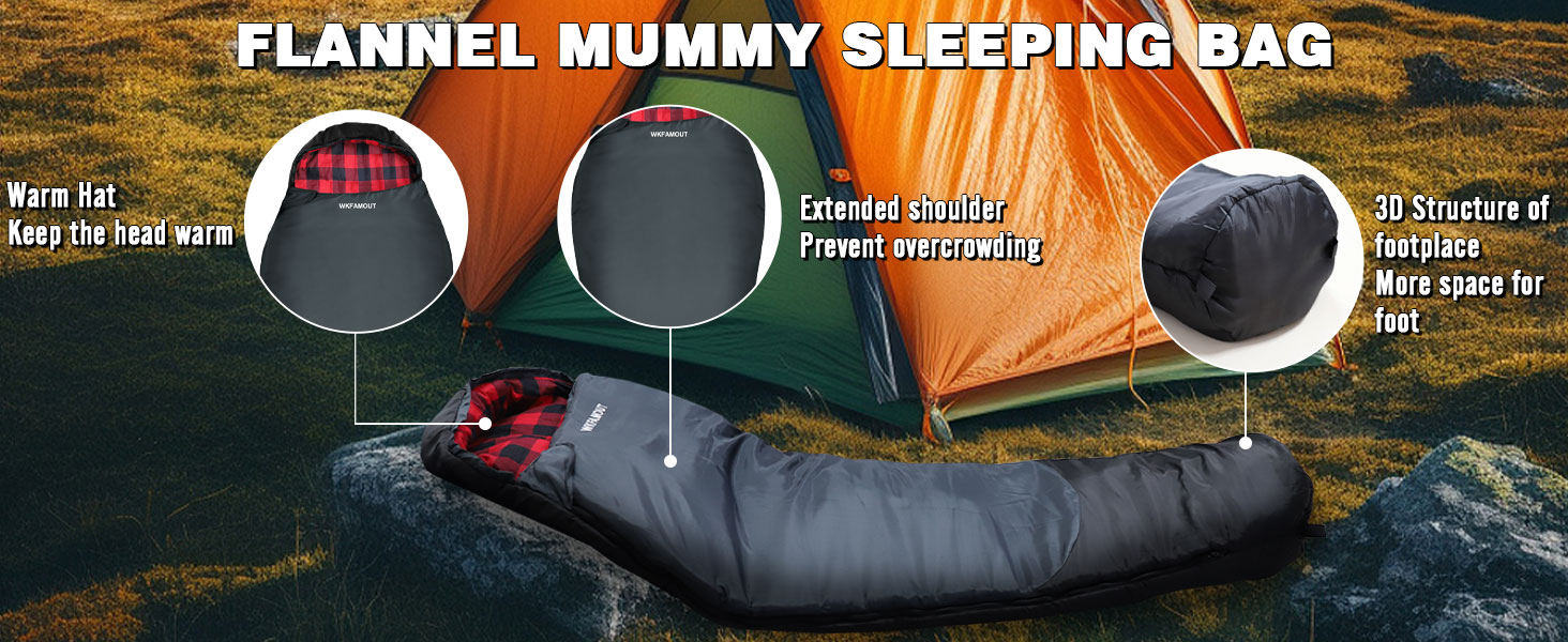 Спальний мішок WKFAMOUT Mumienschlafsack Outdoor -12°C-0°C, 500GSM, фліс, 3-4 сезони, для дорослих та дітей, чорний