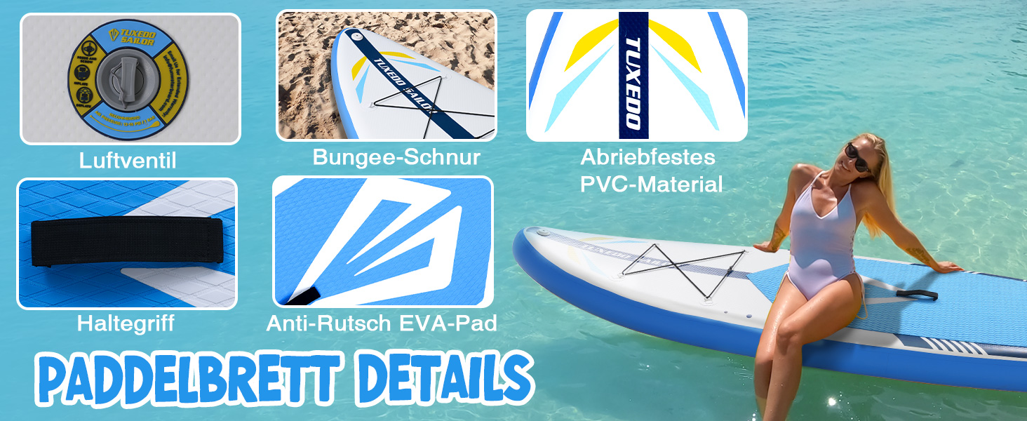 Надувне SUP-борд Tuxedo Sailor Stand Up Paddle Board з аксесуарами, для дорослих та підлітків, блакитний та жовтий