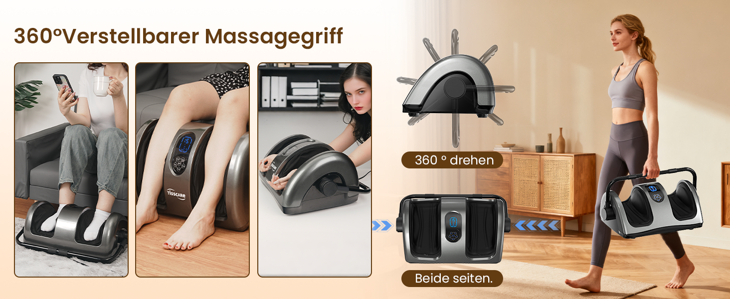 Електричний масажер для ніг TISSCARE з функцією шиацу, нагрівом, розминанням, роликами та натисканням. 360° регульована ручка. Для зняття болю, подарунок для жінок та чоловіків. Колір: сірий.