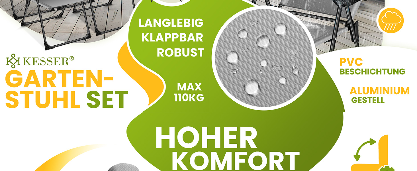 Крісла садові KESSER® 2 шт. з високою спинкою, складані, алюмінієві, 7 положень, з підлокітниками, дихаючі, для балкона, саду, кемпінгу, тераси