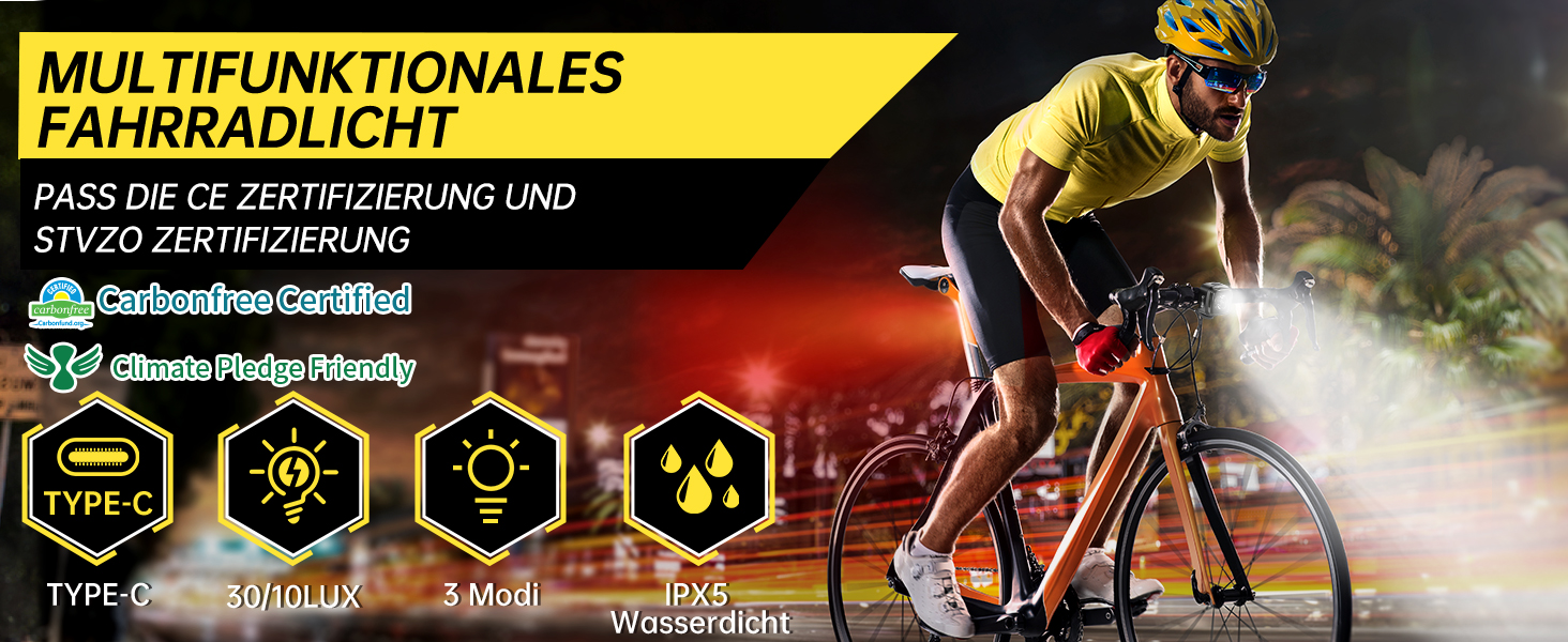 Велосипедні ліхтарі SPGOOD: комплект переднього та заднього ліхтаря, USB-C, водонепроникні (IPX5), сертифіковані StVZO