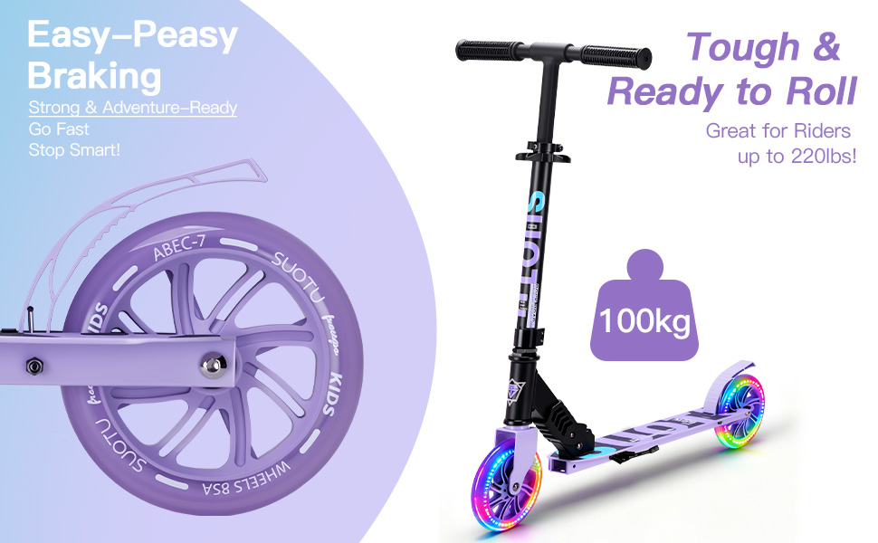 Самокат дитячий SUOTU з колесами 145 мм, до 100 кг, світлодіоди, складаний, регульована висота, алюмінієвий (Чорно-фіолетовий) для хлопчиків та дівчаток 3-12 років