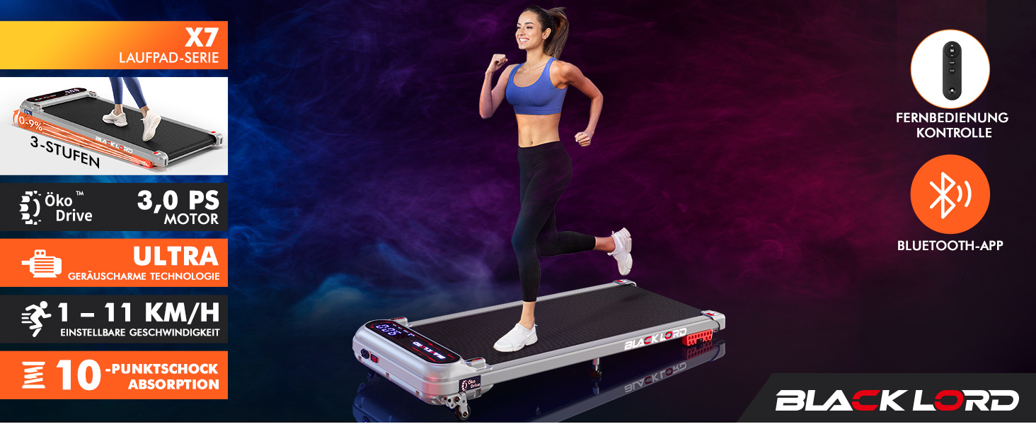 Біговий тренажер BLACK LORD X7 - Walking Pad з тихим мотором 3.0PS, до 130кг, Bluetooth, 3 рівня нахилу, антиковзаюча поверхня (Срібний)