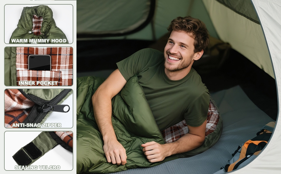 Спальний мішок Baumwoll-Flanell для дорослих, 100% бавовна, для кемпінгу, трекінгу, подорожей з рюкзаком, легкий, 3-4 сезони (зелений/коричневий)
