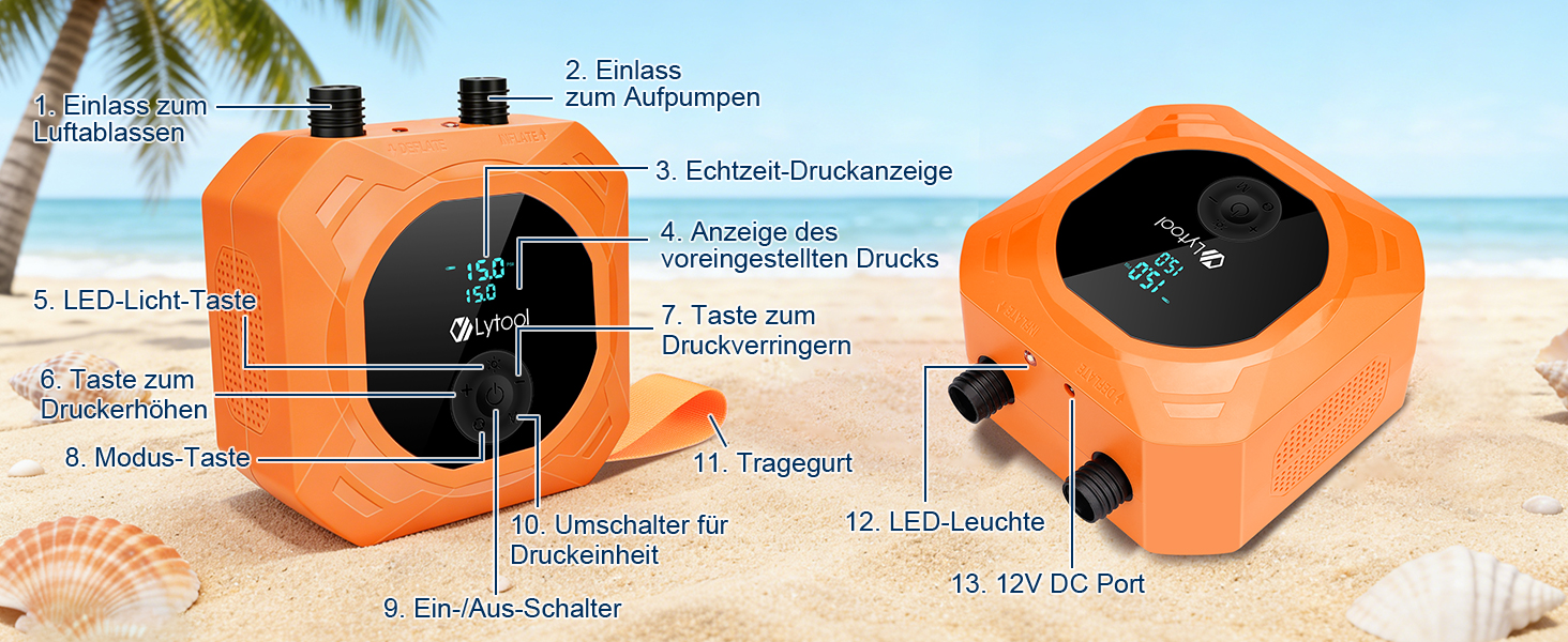 Електричний насос для SUP Lytool 50 PSI з автовимкненням для дощок, човнів, каяків, шин авто та велосипедів (12V)