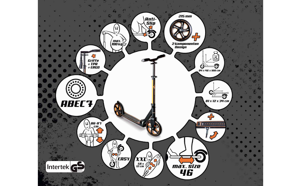 Скутер Muuwmi Pro з алюмінію – для дітей та дорослих, 215 мм, ABEC 7, регульована висота, GS-сертифікований, помаранчевий