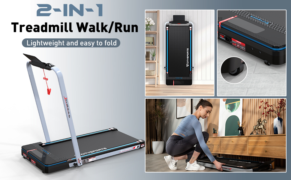 CITYSPORTS Складне електричне бігове полотно WP3 з підлокітниками, Bluetooth та аварійною зупинкою, швидкість до 12 км/год, чорно-синій колір