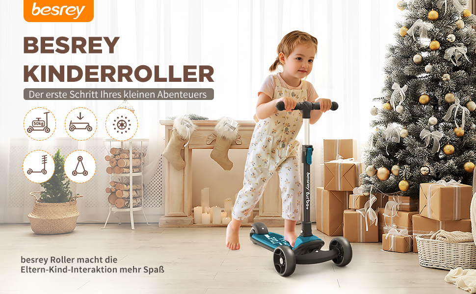 Дитячий трюковий самокат Besrey з великими колесами, світлодіодними ліхтарями та регульованою висотою для дітей 3-8 років, темно-зелений