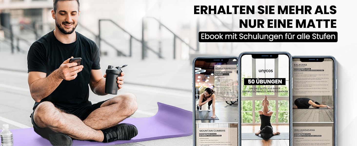 Килимок для йоги Unycos з антиковзаючою поверхнею, високої щільності 6/10/15 мм, для фітнесу, пілатесу та тренувань. Зручний ремінь для перенесення та електронною книгою. Колір: фіолетовий (#03), розмір: 183*60*1 см