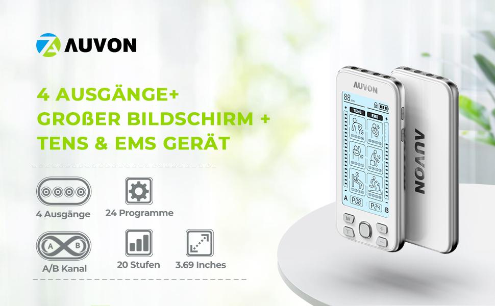 AUVON TENS/EMS масажер для тіла: 24 режими, 10 електродів, зняття болю, терапія, білий