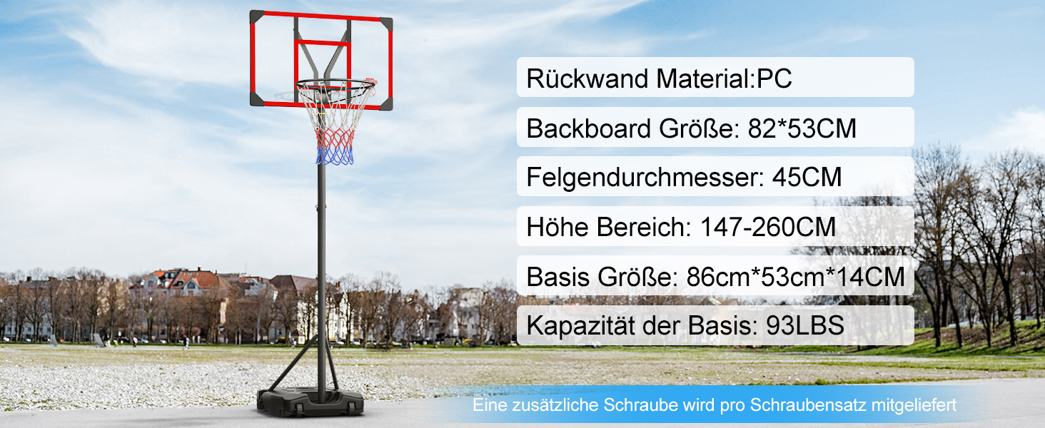 Баскетбольний кошик Outdoor з підставкою, регульована висота 147-260 см, ударостійка задня стінка 82x53 см, збільшений діаметр та колеса, для гри в приміщенні та на вулиці, червоний