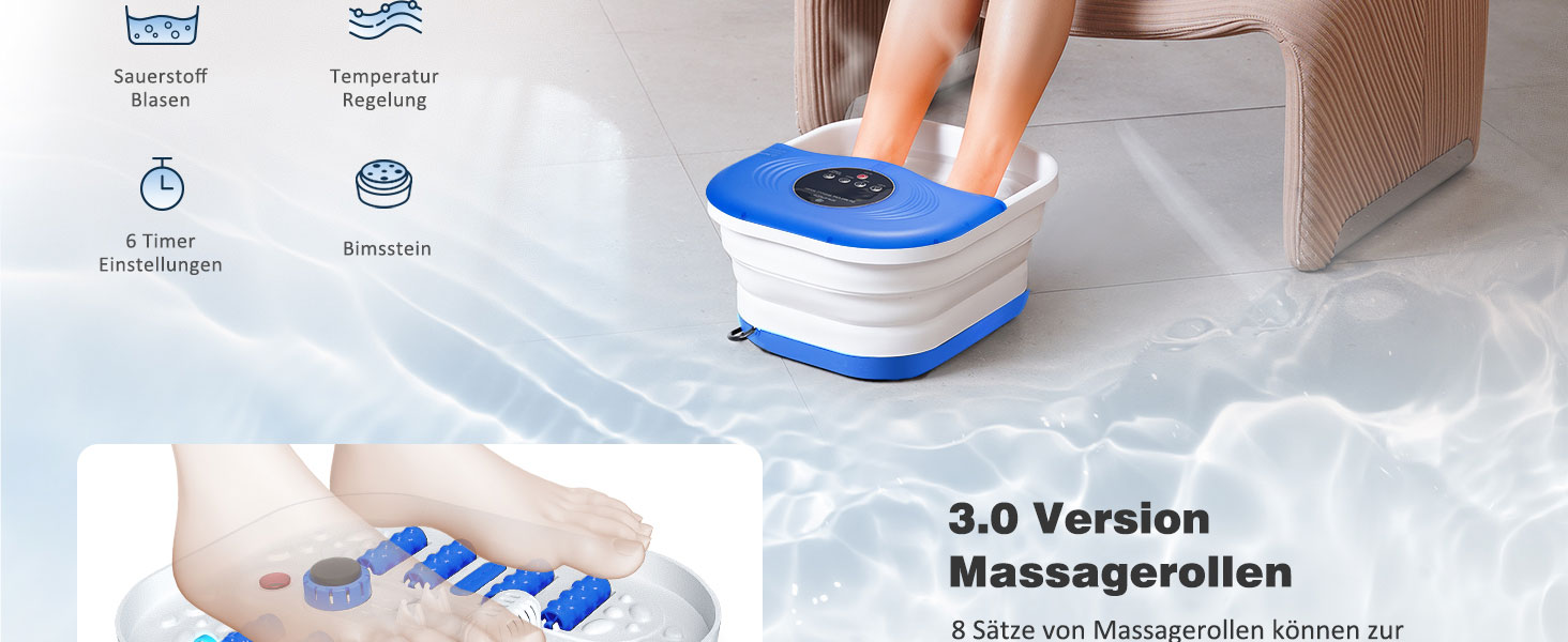 Ванночка для ніг з масажем та підігрівом, таймером – складана ванночка з бульбашками та пемзою, масажер для ніг з водою та 8 роликів – ідеальний подарунок (Блакитний)