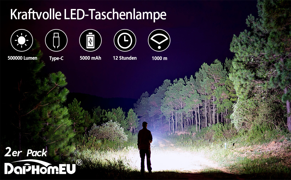 Тактичний ліхтарик DapoHomeu LED, 500000 люмен, перезаряджається, тактичний, з функцією зуму, водонепроникний, 5 режимів освітлення для кемпінгу, туризму та надзвичайних ситуацій