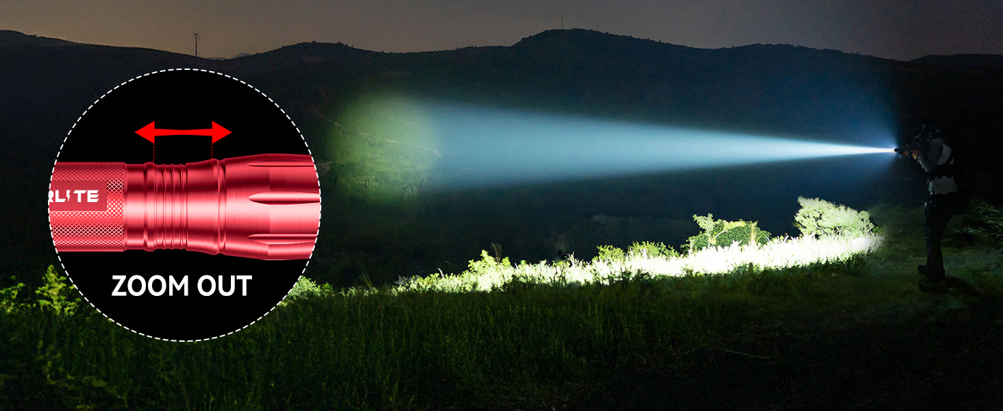Ліхтарик GEARLITE LED на батарейках, надпотужний 2000 люмен, водонепроникний IP65, з зумом та 5 режимами роботи, червоний (набір 2 шт.) для кемпінгу, походів та екстрених ситуацій