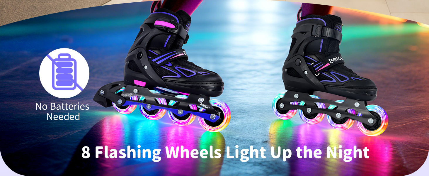 Інлайни BELEEV для дітей, підлітків та дорослих, ролики з регульованим розміром, світлодіодні шнурки та колеса, фіолетовий (EU 38-41)