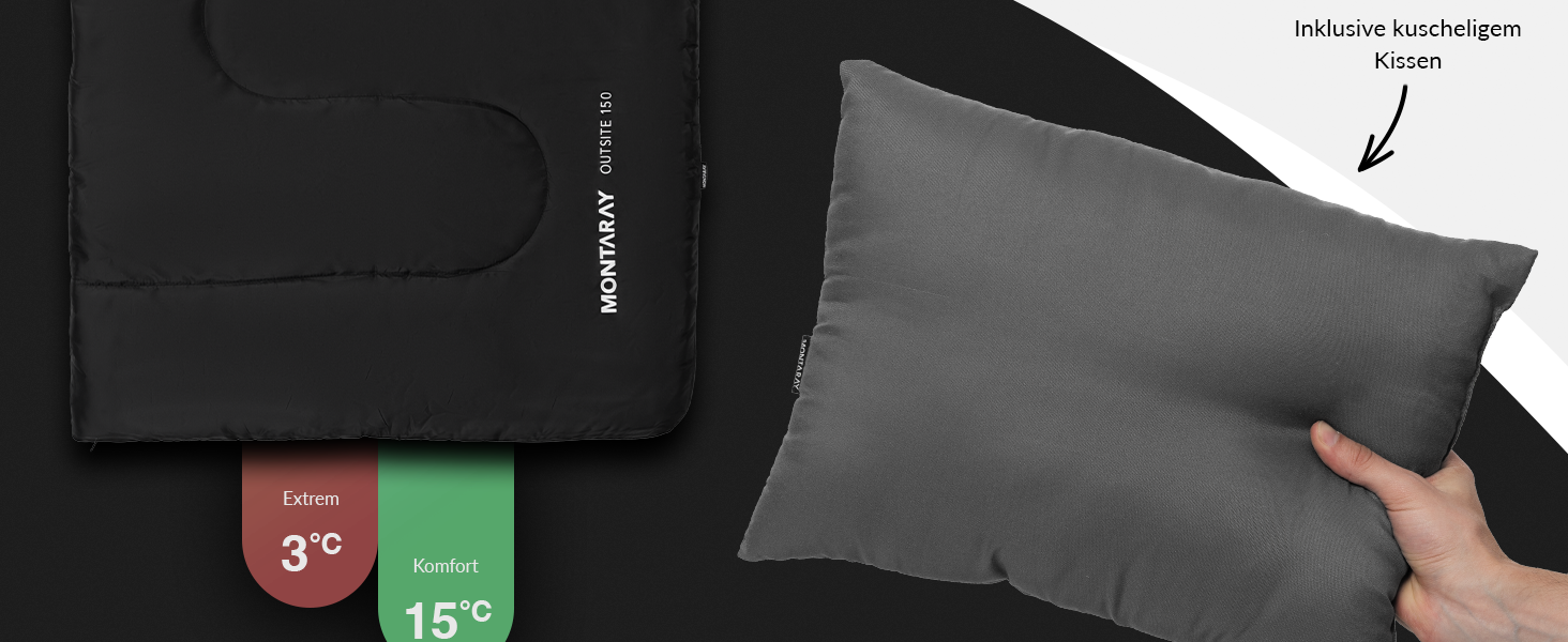 Спальний мішок для кемпінгу з капюшоном до -3°C з подушкою - зимовий та літній спальний мішок на 3-4 сезони (75 x 220 см) - туристичний спальний мішок для жінок та чоловіків (теплий) (Чорний, 150GSM, без капюшону)