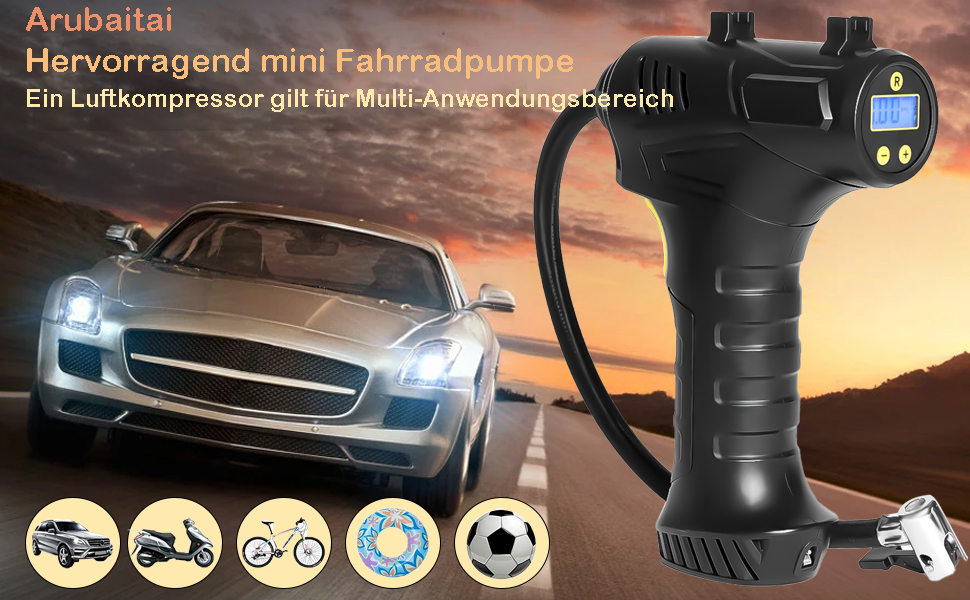Електричний компресор-насос для авто і велосипеда, 150 PSI, акумуляторний, з цифровим LED-дисплеєм, підсвіткою, акумулятором Li-ion, для всіх велосипедів, мотоциклів та автомобілів
