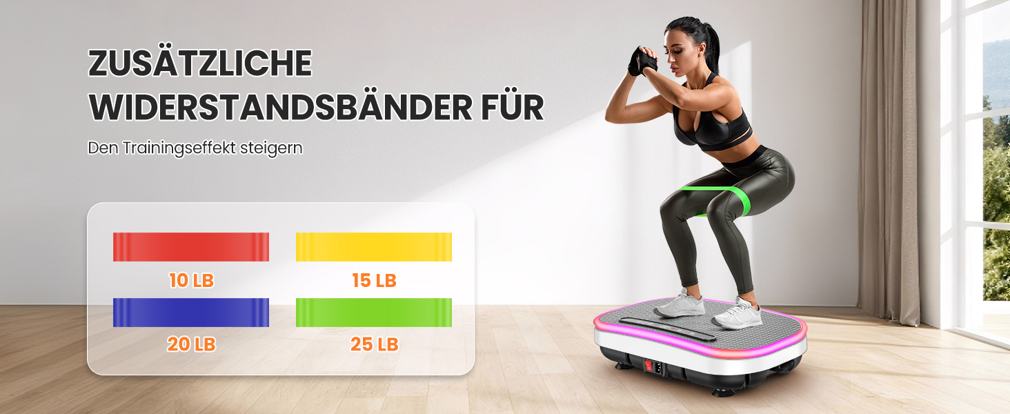 Вібраційна платформа для схуднення з еластичними гумками, 9 режимів, 120 рівнів інтенсивності, Bluetooth, LED-дисплей, місткість 150 кг, білий