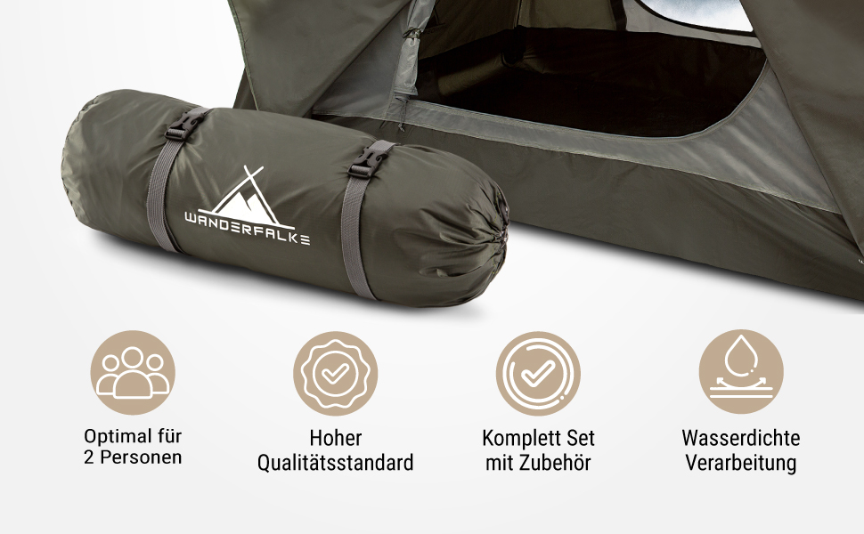 Намет WANDERFALKE® Camp 2: водонепроникний, 2-4 особи, легкий, з тамбуром. Ідеально для кемпінгу, подорожей та риболовлі. Підходить для будь-якої погоди.