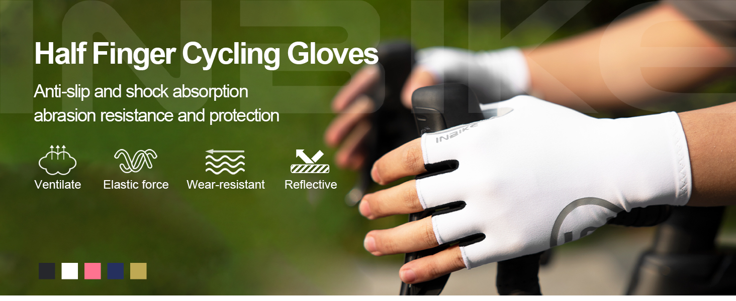 Велосипедні рукавички INBIKE літні напівпальцеві дихаючі, з еластичністю, для шосе та MTB, 3 мм SDR, антиковзаючі, з світловідбиваючими елементами, чорні, чоловічі/жіночі
