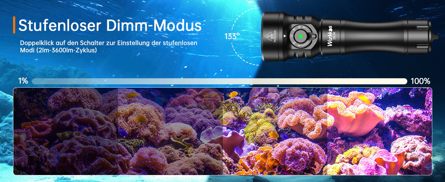 Ліхтар підводний Wurkkos DL08 – 3600 люмен, IPX8, з червоним та UV світлом, регулювання потужності, режими Spot/Flood, Type-C, CRI 90