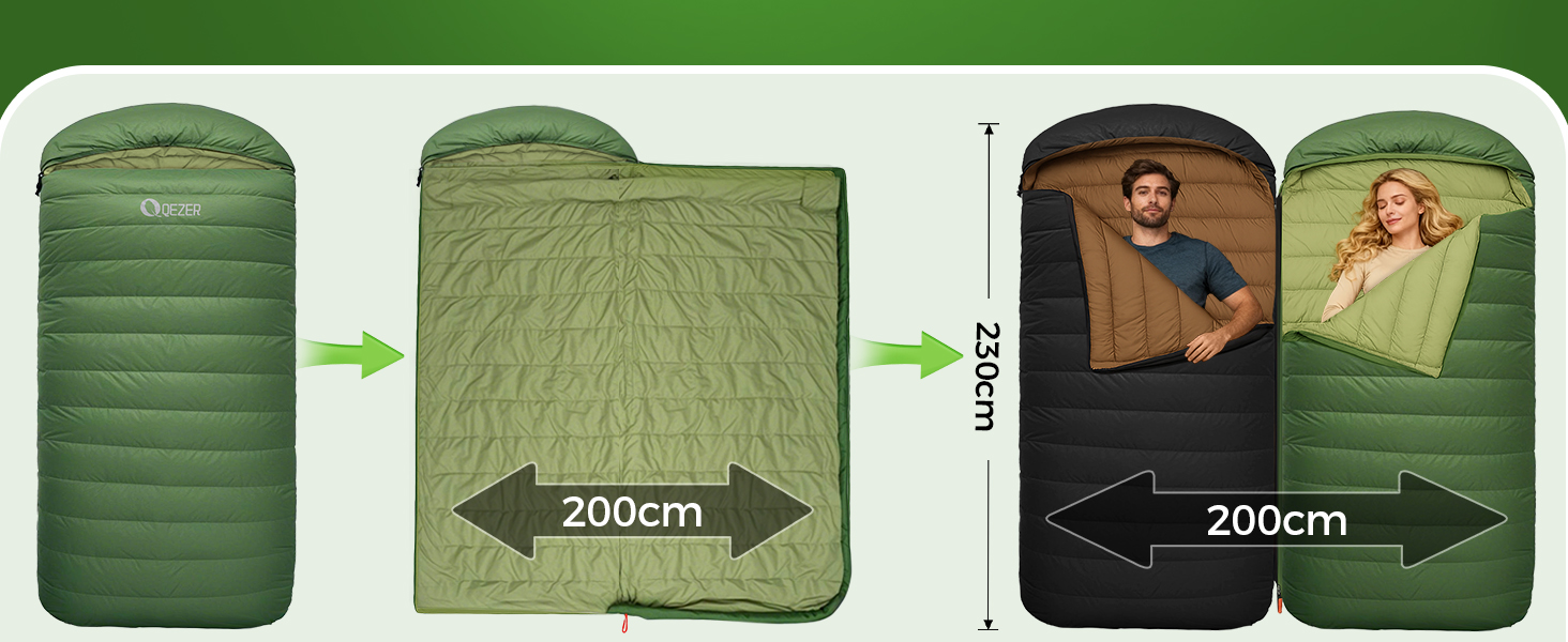 Спальний мішок XXL з пуху 3-4 сезони, 230x100 см, для дорослих, кемпінг, походи, 3°C, зелений
