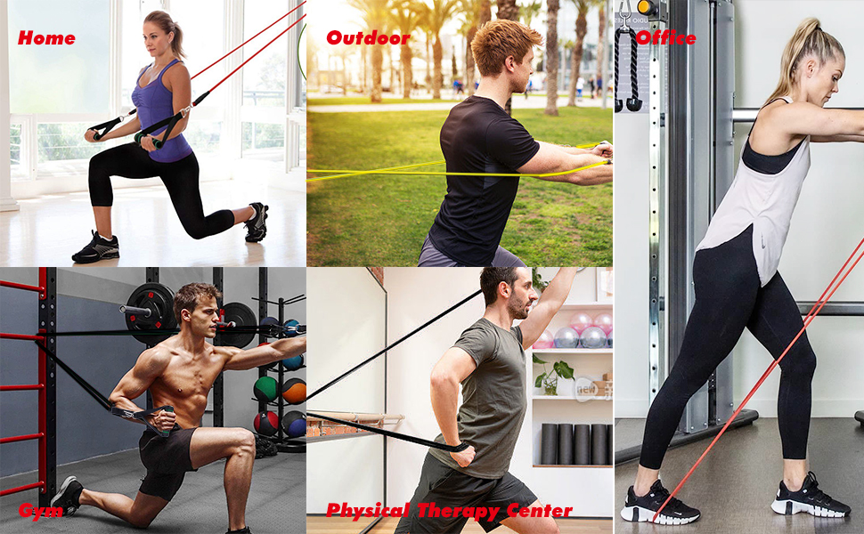 Набір еластичних стрічок для фітнесу, 3 рівні опору, з дверними фіксаторами, ручками, чохлом, сумкою та інструкцією. Стрічки для фітнесу/йоги/силових тренувань. Кольори: синій, зелений, фіолетовий, чорний, червоний, жовтий