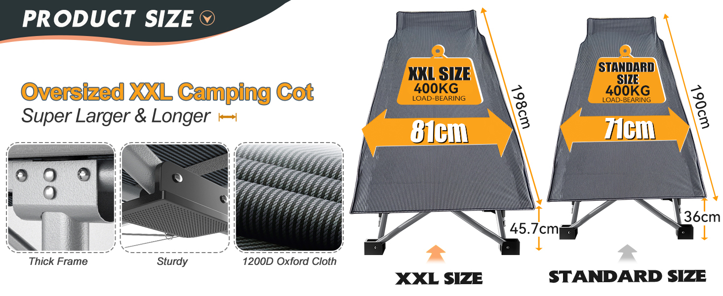 Розкладне кемпінгове ліжко MOPHOTO з матом – до 200 кг, 190x71x36 см, широке, для відпочинку на природі, сіре