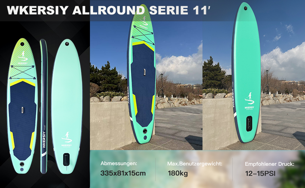 Надувний SUP Борд Allround 335см – Стабільний SUP для початківців та професіоналів – Яскравий паделборд для йоги, риболовлі та відпочинку (Зелений)