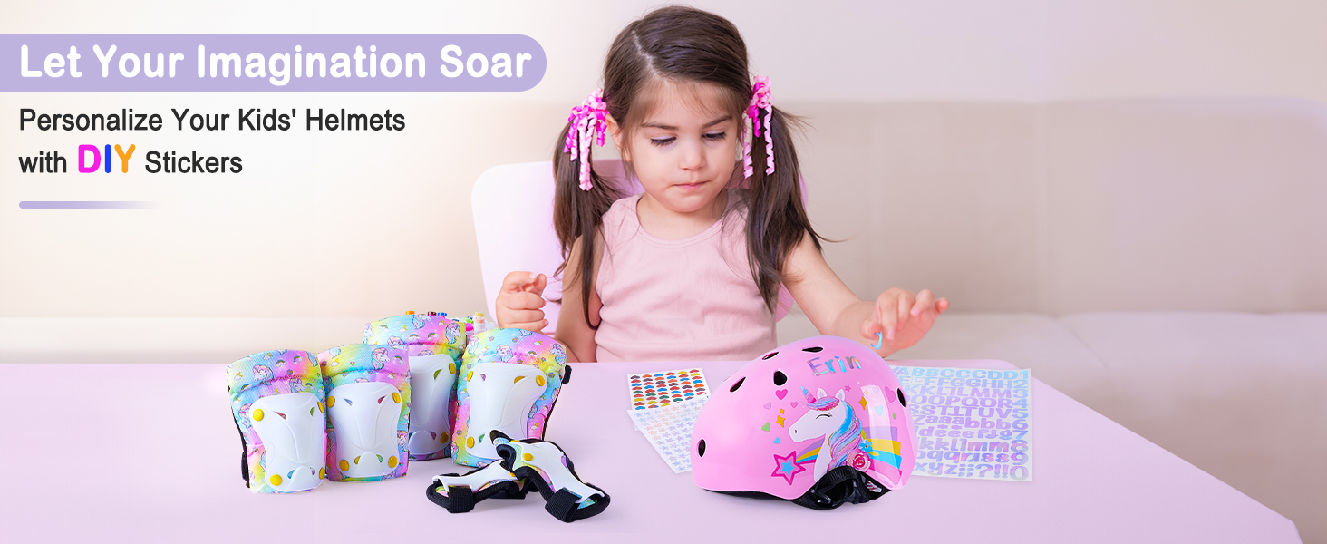 Дитячий шолом Unicorn Castle 7-в-1 з наколінниками, налокітниками та захистом зап'ястків для скейтборду, роликів, велосипеда (3-8 років), фіолетовий