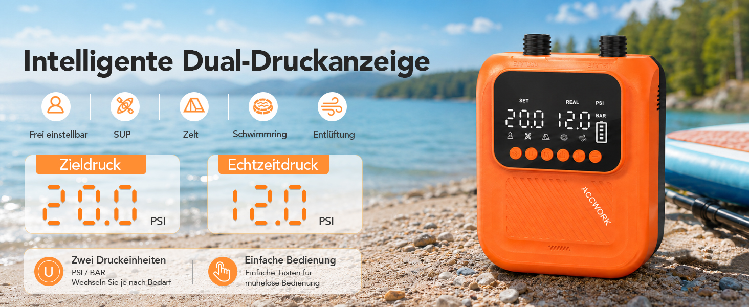 Аккумуляторний електричний насос для SUP дошки Accwork 20 PSI з адаптерами (каяк, надувний матрац)