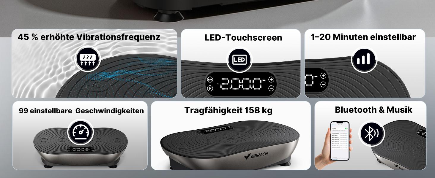 Віброплатформа MERACH для фітнесу та схуднення, 99 рівнів, Bluetooth, LED-дисплей, еластичні стрічки (Срібна)