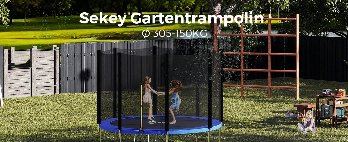 Батут Sekey Outdoor 244/305/366 см - сертифікований TÜV Rheinland GS, дитячий, для саду, з безпечним мотузковим драбиною, посиленим захисним сіткою та захисним бортиком, блакитний (305 см/10 футів)