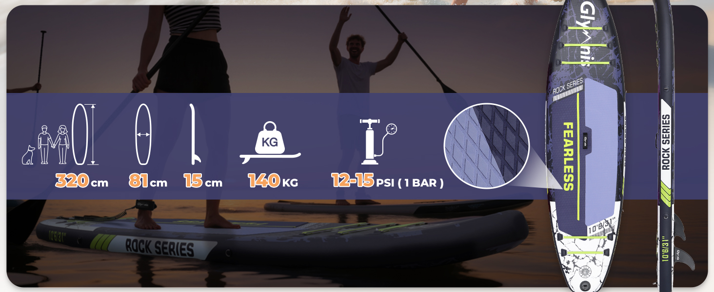 Надувний SUP Борд Glymnis 10'6' для Станд Ап Паддлінг (SUP) 320x81x15см з Алюмінієвим Веслом, Насосом та Аксесуарами