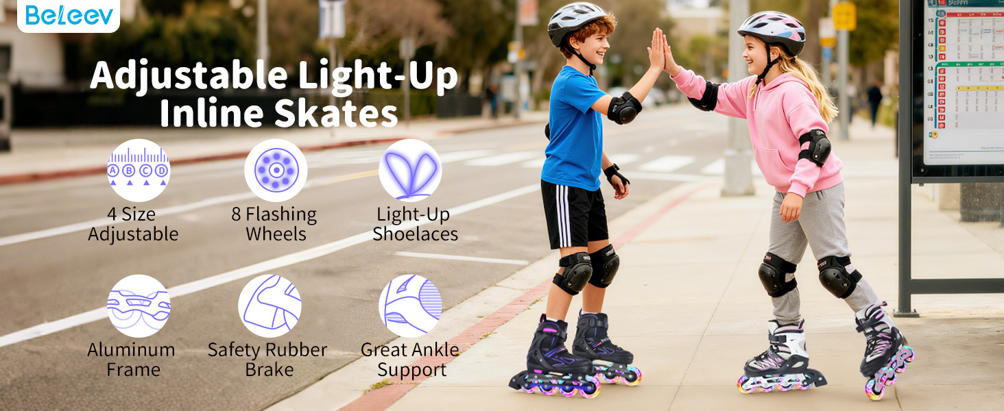 Інлайни BELEEV для дітей, підлітків та дорослих, ролики з регульованим розміром, світлодіодні шнурки та колеса, фіолетовий (EU 38-41)