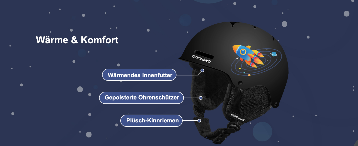 Дитячий гірськолижний шолом та маска Odoland, гірськолижний шолом для хлопчиків та дівчаток, регульований, чорний, з дизайном ракети (54-56 см)